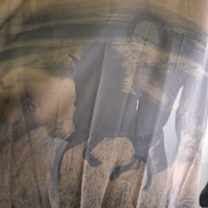 Elegant Tan and Black Scarf With Horses. 59" X 39"